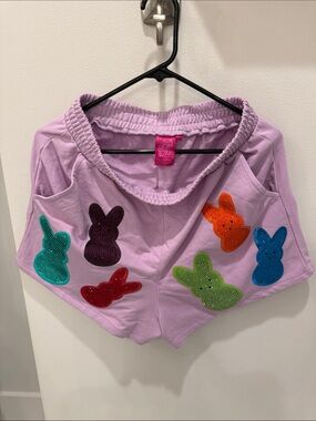 QUEEN OF SPARKLES Lavender Shorts with Multicolor Sequin Bunnies